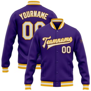 Vente en gros dans l'industrie directe de bombardier décontracté hiver personnalisé violet blanc-or veste Letterman universitaire à snap complet - Product Image 1