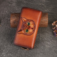 Dompet Kartu Panjang Premium Berbahan Kulit Asli dengan Ritsleting RFID dan Motif Kucing, Fashion Unisex