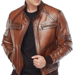Chaquetas de cuero de vaca marrón desgastado estilo motocicleta elegante abrigo de motorista informal chaqueta de cuero Vintage para hombres - Product Image 6