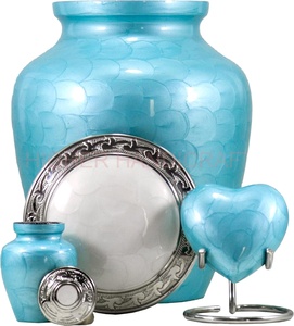 Urna de cremación de aluminio de tamaño personalizado para restos funerarios Juego de urnas de entierro con urnas de corazón y recuerdo Acabado esmaltado en azul - Product Image 1