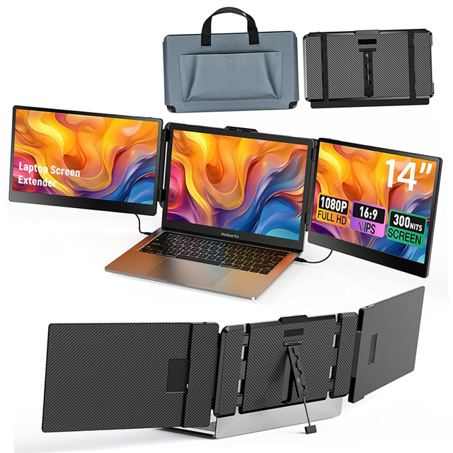 Factory Portable Monitor 14 Inch IPS Triple Laptop Screen Extender 1080P FHD Dual External Display for 13-17" Laptops with Mac