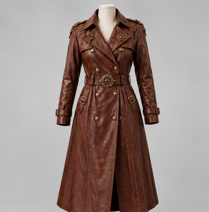 Women Leather Trench Coat With <b>Vintage</b> Belt And <b>Button</b> Design - Product Image 1
