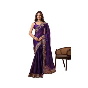 <b>Purple</b> Traditional Luxurious Chiffon <b>Saree</b> Embroidery Work Cut Work Border Embellishments for Party Special Wedding Occasions - Product Image 1