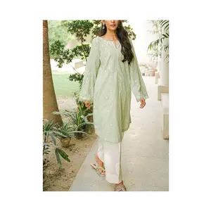 O melhor venda de vestido de gramado feminino, 2 peças, estilo indiano, paquistanês, salwar kameez, cor verde claro, sobre kameez e calças