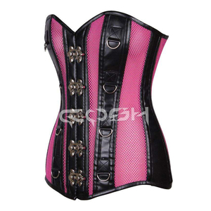 Corset Bustier Amincissant en Similicuir Noir avec Résille Rose et Baleines en Acier - Product Image 3