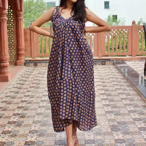 Tay Khối In Ấn Độ Bông Không Tay Maxi Dress Bohemian Ăn Mặc Giản Dị Cho Phụ Nữ Làm Từ Tinh Khiết Bông Vải Ăn Mặc Womens