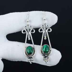 925 Sterling Silver Plated Bohemian Style Fashionable <b>Green</b> Malachite Oval Gemstone Natural Bezel Party Wear Dangle <b>Earring</b> - Product Image 6