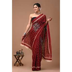 Sari ethnique de Jaipur en coton Mul Mul doux, imprimé à la main, avec broderie sur tissu Georgette Net épais, modèle Banarasi, à prix abordable - Product Image 1