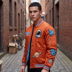 Chaqueta Bomber Personalizada para Hombre MA-1, Satén Naranja Quemado, Azul Cielo, Parche de Cabeza de Alien en Chenille, Logotipo Personalizado Bordado OEM - Product Image 5