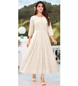 Rayon Cotton Anarkali Sequin Embroidery Kurti for Girls Wholesale Indian Look Latest Style Schifli Work Chikan Kurta Palazzo Set