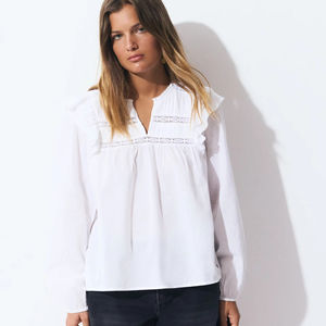 Blusa de manga larga con volantes blancos Vintage con ribete de encaje ecológico bordado de viscosa borla decoración Navidad lavable sólido - Product Image 1