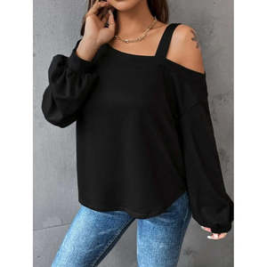 Blusa de viscosa de dos hilos con detalle de tirante en un solo hombro y manga larga para mujer, 30199 - Negro - Product Image 4