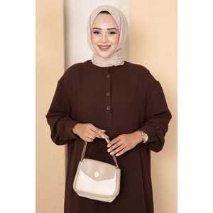 Ensemble deux pièces hijab long semi-boutonné marron café, imprimé floral décontracté en crêpe et tricot pour femmes musulmanes en automne - Product Image 2