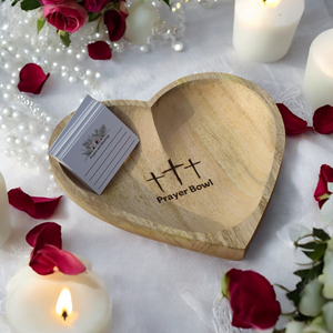 Art Deco Design Wooden Prayer Bowl with <b>Engraved</b> Cross Handcrafted Dough Bowl for Christian Decor Includes Cards - Product Image 1