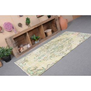 Vintage Turkish Rug Large Area 3.2 X 6.7ft <b>Yellow</b> Green <b>Wool</b> Abstract Patchwork Design for Hallway Rectangular Latex Room Rug - Product Image 5