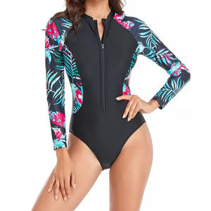 Traje de baño de una pieza de manga larga para mujer con cremallera frontal Color Block Athletic Swimwear - Product Image 5
