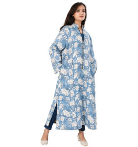 Chaqueta de invierno con estampado de bloques de mano acolchada de algodón Reversible hecha a mano de estilo indio para mujer - Product Image 3