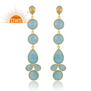 Último diseño Plata de Ley 18K Chapado en oro Natural Aqua Calcedonia Piedra preciosa Cuelga Pendiente Demi Joyería fina Fabricante - Product Image 4