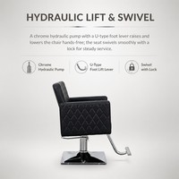 Fauteuil de Barbier Noir Matelassé Diamant avec Relevage Hydraulique, Base Carrée Chromée, Chaise de Coiffure Professionnelle