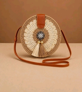Round Rattan Woven <b>Straw</b> Preppy Style Tassel Shoulder Crossbody <b>Bag</b> for Women Vintage Summer Travel Purse - Product Image 2