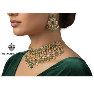 Green Dublet <b>Emerald</b> Cut Polki Choker for Weddings - Product Image 5