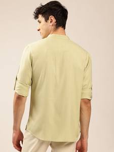 <b>men</b> <b>green</b> ivory coloured solid mandarin collar kurta short kurta polyester viscose long sleeves curved hem kurta <b>for</b> <b>mens</b> - Product Image 2