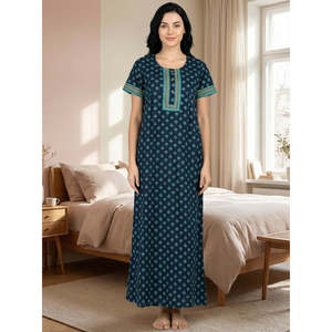 Woven Cozy Women's Maxi <b>Nighty</b> Sleepwear #100% Cotton Super Soft & Comfortable Elastic Waist & <b>Button</b> Closure - Product Image 2