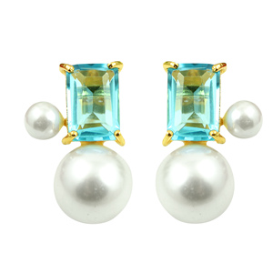Boucles d'oreilles de créateur bohème tendance en plaqué or 22 carats avec perle d'eau douce et topaze bleue en quartz Bijoux de mode royaux pour Noël - Product Image 1