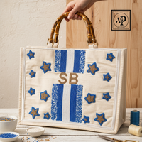 Bolsa de Lona Moderna y Elegante con Paneles Florales Bordados, Diseño con Nombre Personalizado, Duradera, Espaciosa, Abertura Superior Media, para Viajes