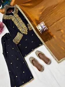 Nuevo Conjunto Kurti Plazzo de Seda Chinon Premium para Mujer con Lentejuelas, Zari, Bordado de Encaje, Secado Rápido, Elegante y Moderno - Product Image 6