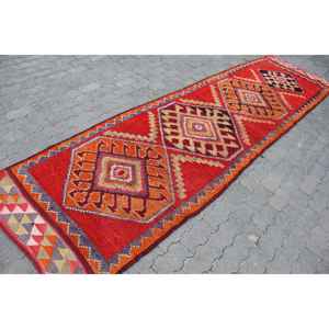 Vintage Turkish Rug, 3x12 ft Herki Rug, <b>Red</b> <b>Runner</b> Check Rug - Product Image 3