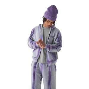 Grey Fleece Men's Tracksuit Set with Washed <b>Purple</b> Seam Details Zip Hoodie & Relaxed Fit Joggers Soft Streetwear Winter Apparel - Product Image 3