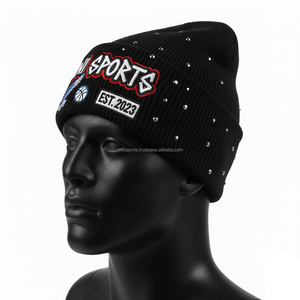 Gorro cálido a la moda para mujer, gorro de punto grueso 300 GSM con diamantes de imitación brillantes y bordado en 3D, gorros de Jacquard con logotipo personalizado - Product Image 2