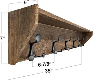 Heavy-Duty Weathered Brown Wood Coat Rack With TRI <b>Hooks</b> <b>Wall</b> Mounted Shelf Organiser <b>for</b> Hallway or Room - Product Image 6