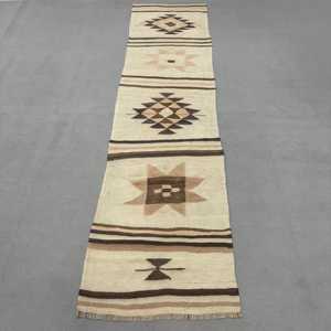 2.8x11 ft Vintage Turkish Rug, Runner Rug, Kilim <b>Brown</b> <b>Wool</b> Rug - Product Image 1