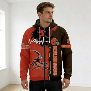 Sweat à capuche zippé pour homme Cleveland, imprimé par sublimation, 100 % coton, coupe classique, rouge-brun, motif casque - Product Image 2