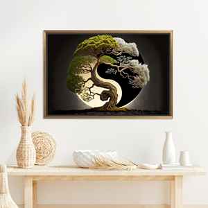 Elegant Yin Yang Tree Canvas <b>Print</b>: Japanese-Inspired Home Decor <b>Art</b>,GOLD FRAMED CANVAS - Product Image 1