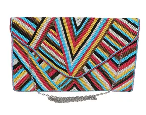 Indian Fashionable Multi Color Rice Beaded Embroidered Cross body Chain Clutch Bag Handbag at Wholesale Price