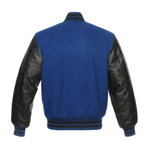 Men's Blue Varsity <b>Jacket</b> With <b>Black</b> PU Leather Sleeves Stand Collar Casual Baseball <b>Jacket</b> Autumn Wear - Product Image 3