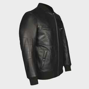 Blouson aviateur en cuir noir de haute qualité pour homme avec col montant en tissu enduit et logo frontal – Conception respirante pour l'hiver - Product Image 3