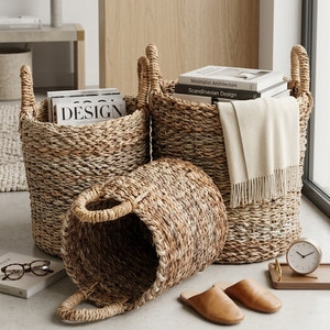 Ensemble de paniers de rangement en écorce de bananier naturelle, tressage diagonal épais, poignée en arche, pot cylindrique, décoration artistique pure pour la maison - Product Image 6
