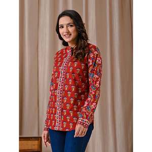 Blusa Elegante de Algodón Estampado Butta Rojo Oscuro para Mujer, Cuello Asimétrico, Botones Delanteros, Encaje Bordado Floral, Corta, Talla XL - Product Image 6