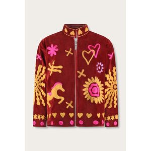 เสื้อแจ็คเก็ตกำมะหยี่สีแดงเบอร์กันดีปักมือทั้งตัว คอจีน แขนยาว พร้อมผ้าซาตินสีเหลืองชมพู สำหรับฤดูใบไม้ร่วง - Product Image 1