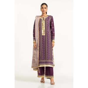 Ensemble élégant 3 pièces pour femme IUSTKSD-724, imprimé doré, en tissu lawn, avec détails brodés - Product Image 1