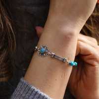 Pulsera de Plata Tibetana 925 con Piedra Redonda Azul en Forma de Flor y Engaste de Bisel, Brazalete Articulado para Mujer - Joyería de Moda, Regalo