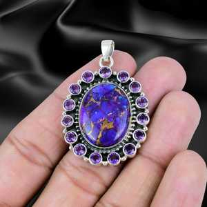 Pendentif améthyste turquoise en cuivre plaqué or plaqué rhodium fait main en argent sterling, cadeau de fête pour femme - Product Image 1