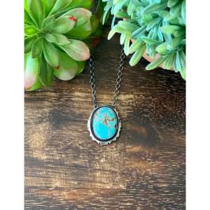 Eli Skeets # Collier 8 pierres en turquoise et diamants avec topaze taille princesse, en argent sterling plaqué rhodium or blanc/rose, serti clos - Product Image 1