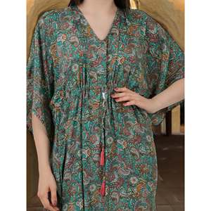Teal Green Paisley Caftan #1624 Women's Silk <b>Kaftan</b> Swimsuit Cover Ups - Product Image 2