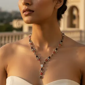 Women's Bohemian Style Silver Gemstone Flower <b>Necklace</b> <b>Gold</b> Plated with <b>Pearl</b> Agate Diamond for Party or Gift - Product Image 1