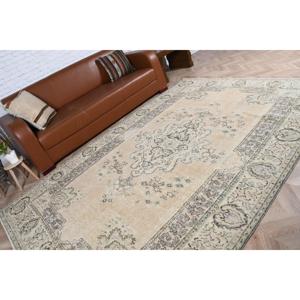 พรมตุรกีขนาด 6.4x9.3 ฟุต พรมโบราณขนาดใหญ่ พรมขนสัตว์สไตล์โอเรียนทัลสีเบจ-น้ำเงิน - Product Image 5